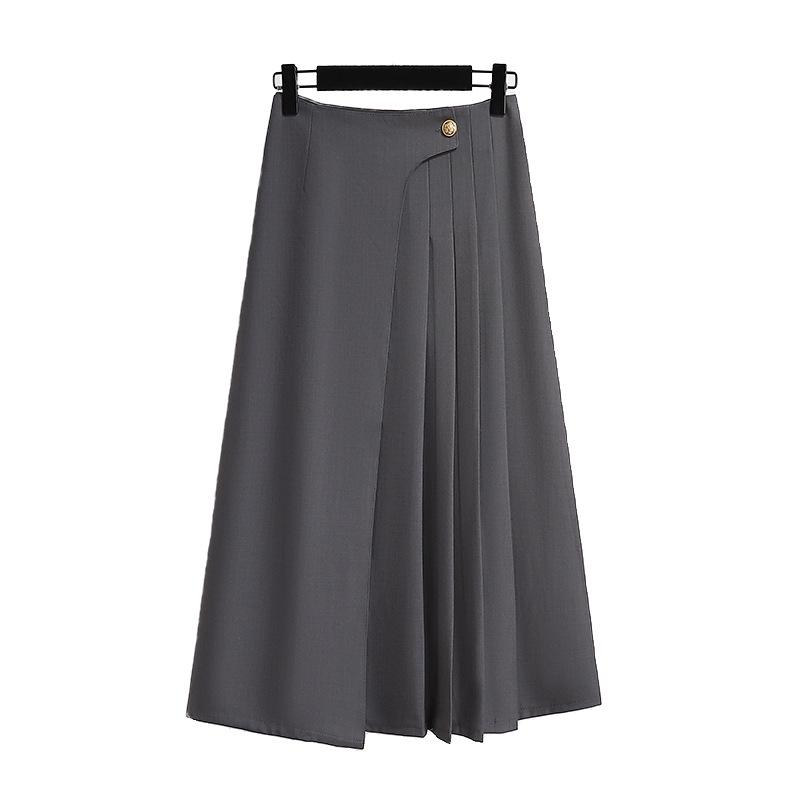 French Gray Irregular A-Line Pleated Midi Skirt - High Waist, Summer 2025