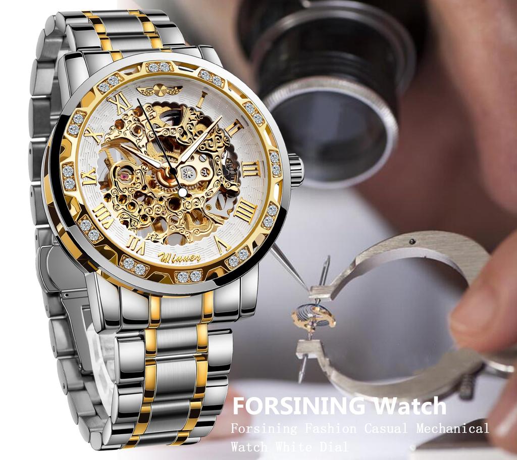 FORSINING Winner Retro Manual Skeleton Watch with Diamond Carving Flower Craft Roman Numerals Silver White Men