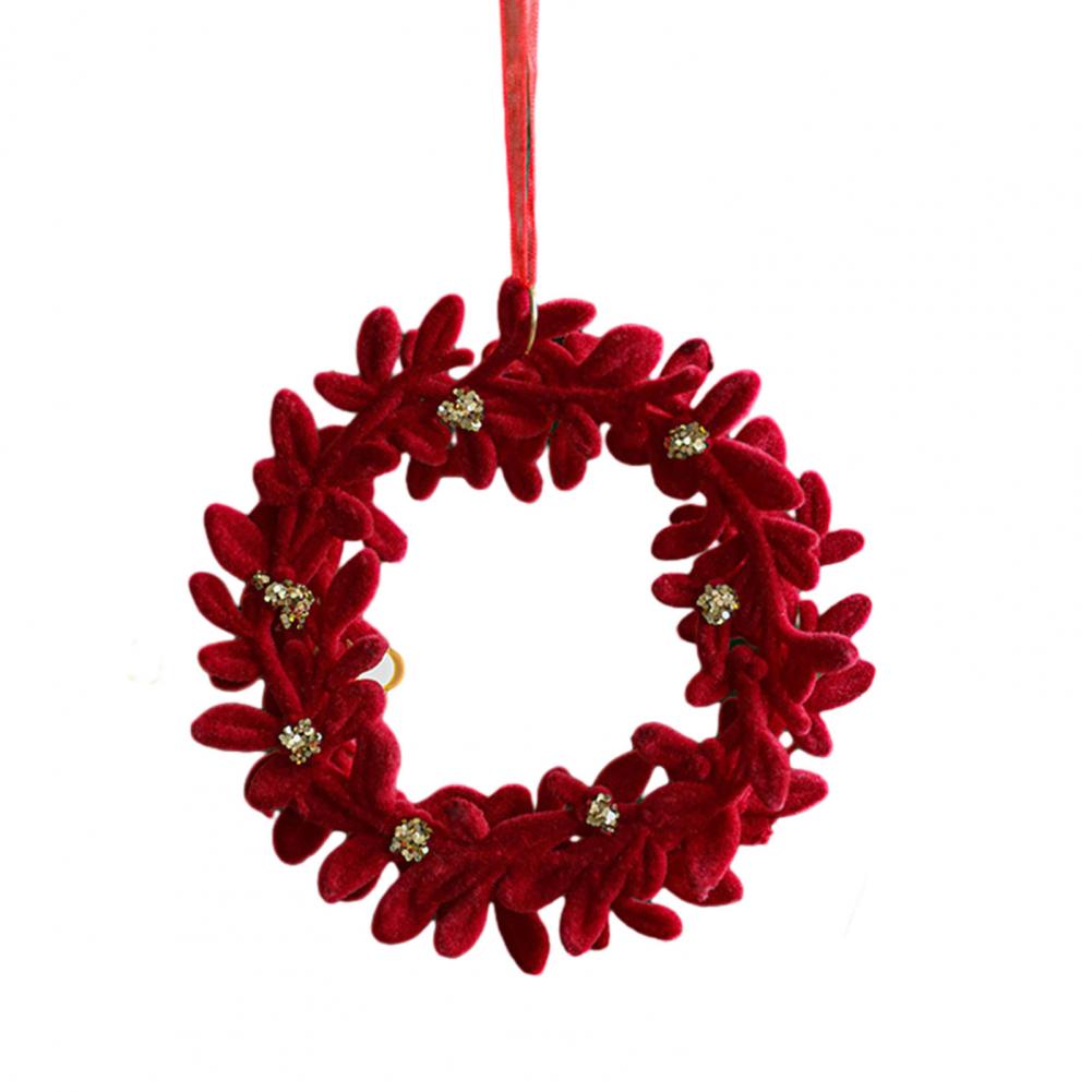 Christmas Ornaments Red Flocking Bell Wreath Snowfall Elk Pendant Snowy Winter Decor for Tree Hanging