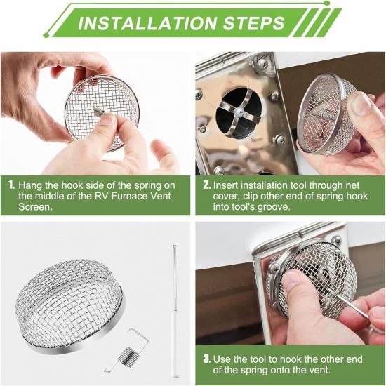 2PCS RV Furnace Vent Screen with Premium Stainless Steel, RV Heater Vent Cover with tallation Tool