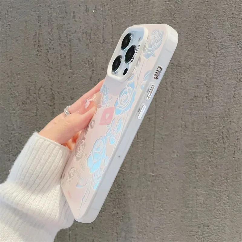 Vintage Rose Laser Silver Phone Case For iphone 15 X XS MAX XR Shockproof Case For iPhone 7 8 Plus 13 12 11 14 pro MAX Cover