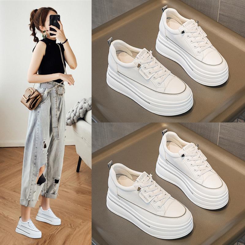 Small Size 2025 Spring and Summer New Slope Heel Thick Sole Small Inner Height Increase Small White Shoes Free Lace-up Small White Shoes Women