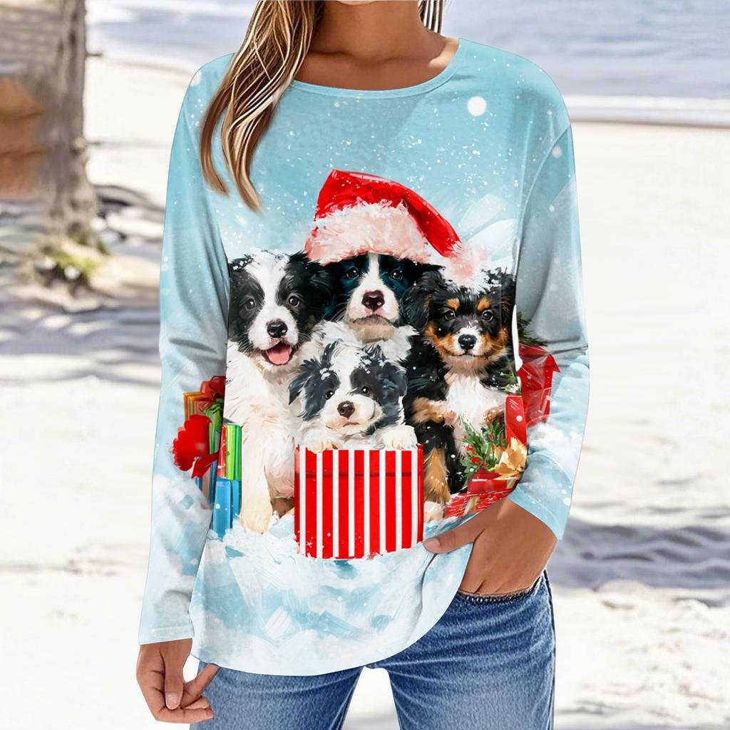 Women's Christmas Printed Long Sleeve Round Neck Top Casual Blouse