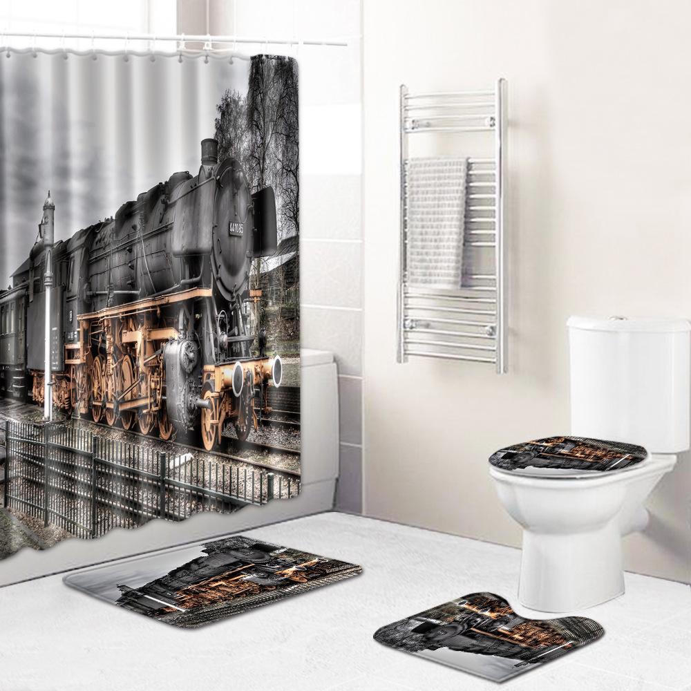 Landscape Shower Curtain Floor Mat Combination Four-Piece Set Bathroom Toilet Carpet Shower Room Mat Foot Mat