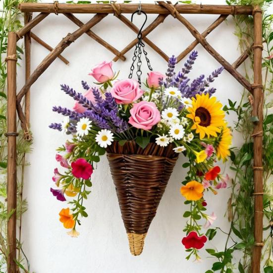 Cesto Portafiori Sospeso a Cono in Rattan Artificiale Intrecciato Fioriera Conica Rustica con Catene Metalliche per Decorazione Interna Esterna Giardino Balcone