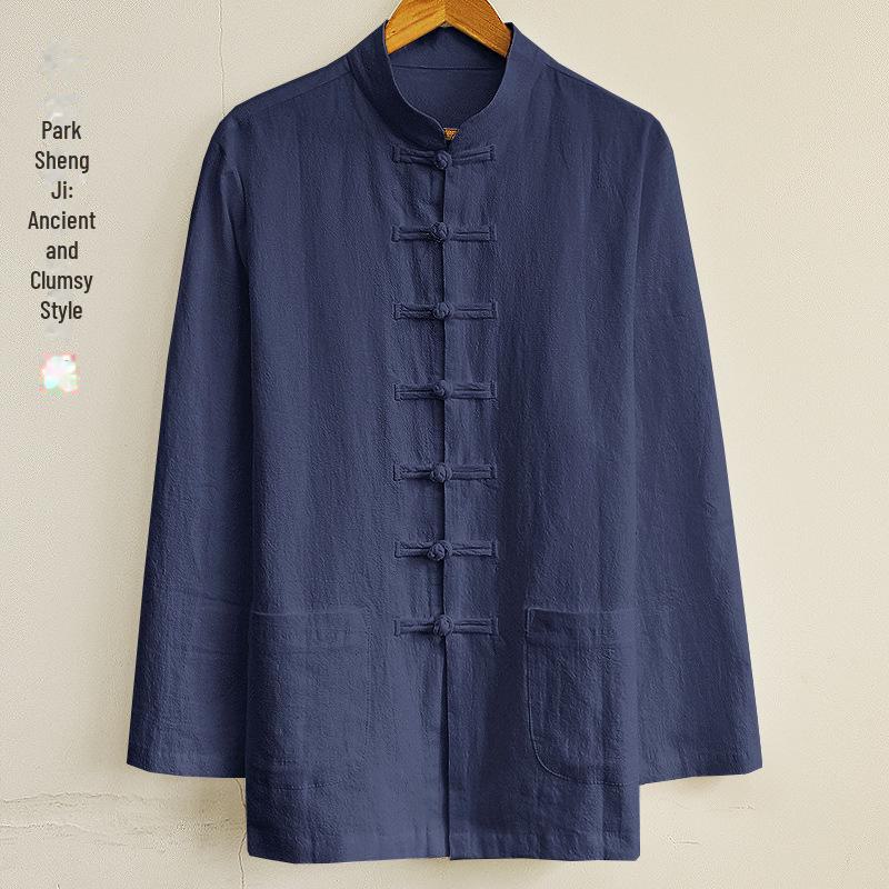 Park Shengji Men's Chinese Style Linen Shirt - Retro Tang Suit for Spring and Autumn