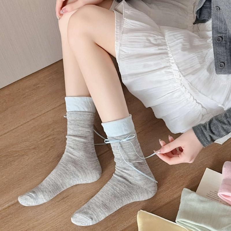 Womens Japanese Sweet Ribbon Bowknot Accent Crew Socks Elegant Students Color Block Ruffle Top Splicing Cotton Socks