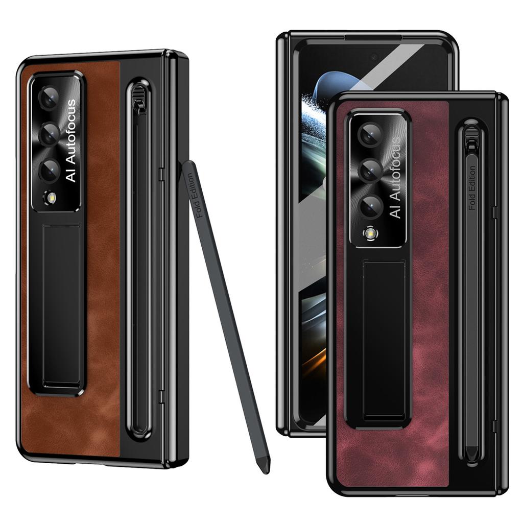With S Pen Stand Leather Case for Samsung Z Fold 4 Z Fold 5 6 Hinge Case Screen Protective Film Pen Slot Cover