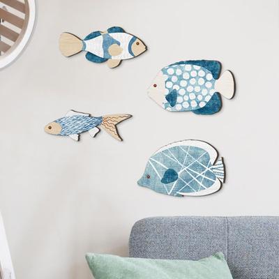 Wood Fish Wall Decor Rustic Coastal Beach Blue Fish Wall Art Nautical Wall Hanging Sculpture for Lake House Bathroom Bedroom Decor