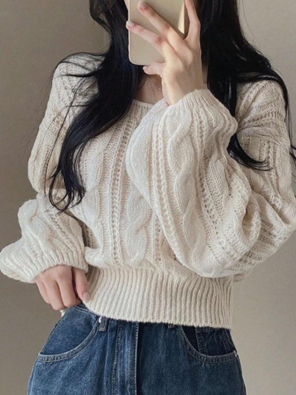 TIFICY Women's Fashion Casual Fall Winter Solid Color Print Long Sleeve Square Collar Sweaters