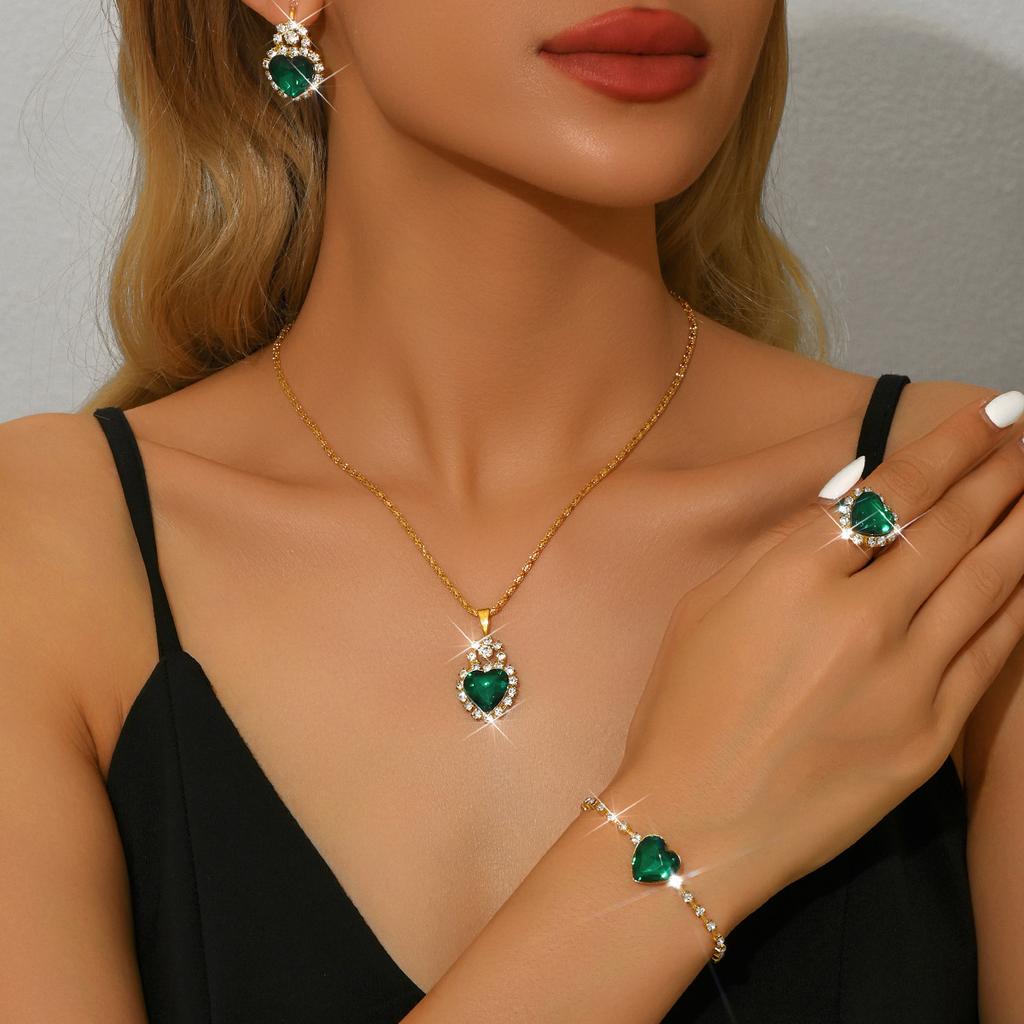 Love Rhinestone Necklace Earrings Ring Jewelry Four-Piece Set High-End Bridal Jewelry