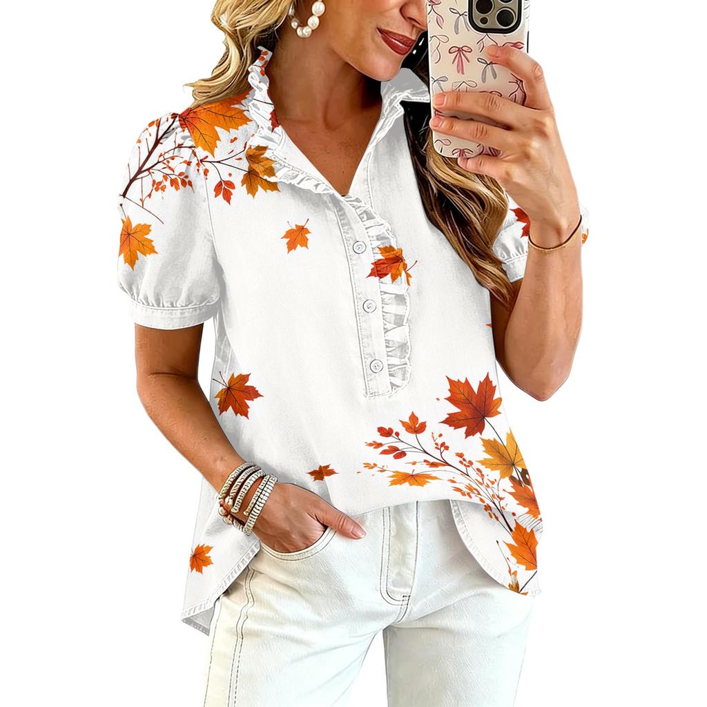 Women's Fashion Casual Ruffled V-Neck Print Blouse Top