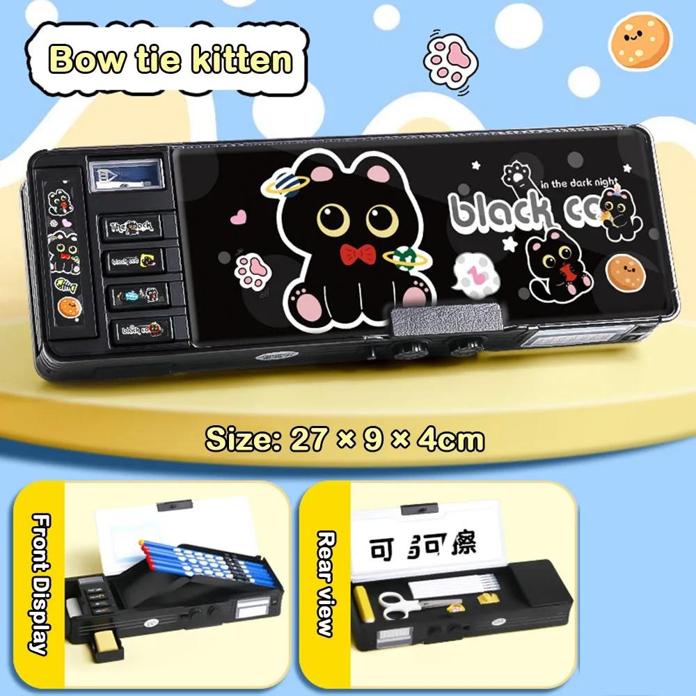 Dual Password Pencil Case Multi-functional Double Sides Stationery Box Large Capacity Black Kitten Pencil Box School Supplies