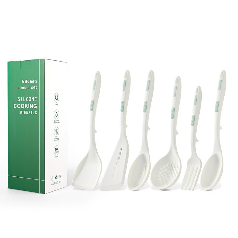 

Набор из 6 предметов силиконовой кухонной утвари, антипригарная посуда, лопатка, нож для удаления пятен, щетка для масла, венчик для взбивания яиц, зажим для еды, кухонные принадлежности Milk White Six-piece Set