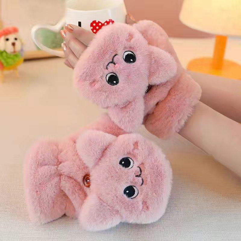 Gloves female winter cute student plush thickened flip cycling cold warm plush gloves female winter