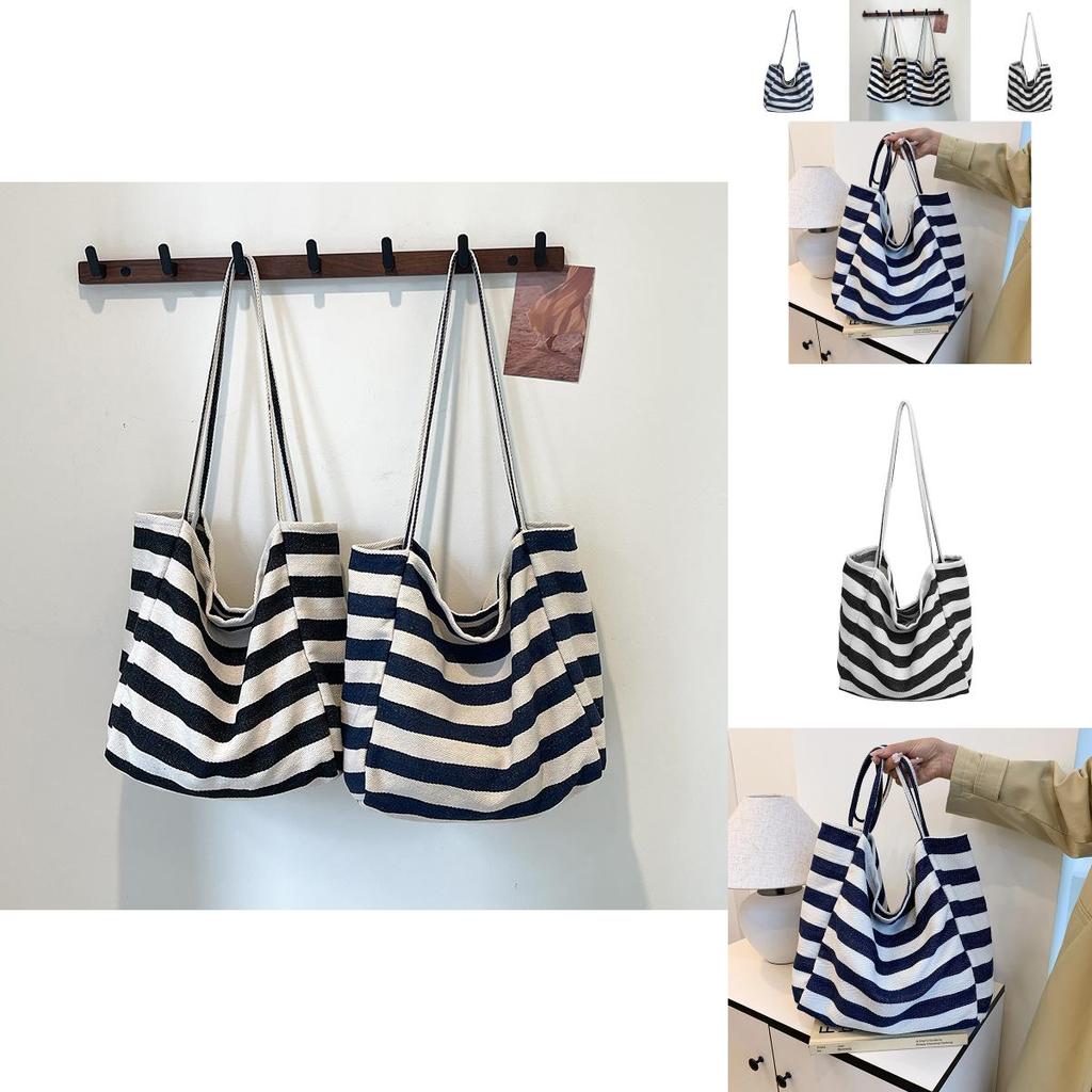 Stylish Korean Ins Color Block Striped Canvas Tote Bag Large Capacity For Shopping