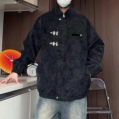 Unisex luźna kurtka ze skóry PU z nadrukiem tie-dye, casualowy długi płaszcz