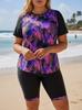 Plus Size Floral Swimwear - Two-Piece with Sun Protection Vest and Printed Briefs