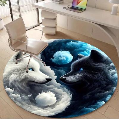 1pc Wolf YinYang Office Round Area Rug, Indoor Mat Suitable ForOffice, Under Office Chairs Bedroom Living Room Home Decor T184