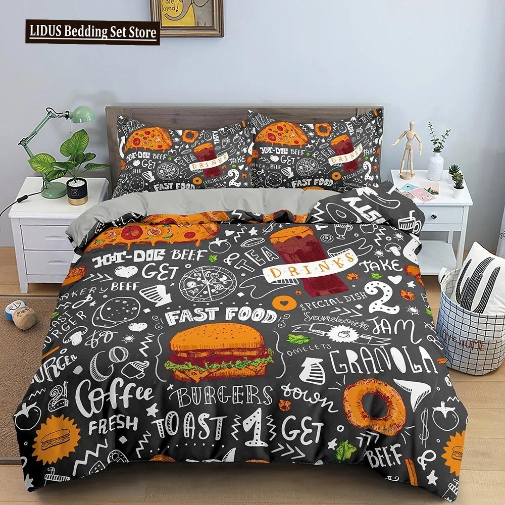 Snack Duvet Cover Set Coffee Bread Donut Pattern Pink Polyester Comforter Cover For Kids Adult Teen Bedding Set Queen King Size