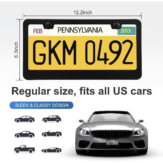 2 Pack License Plate Frames, Stainless Steel Car License Plate Cover Car Accessories With Screw Caps (Black)