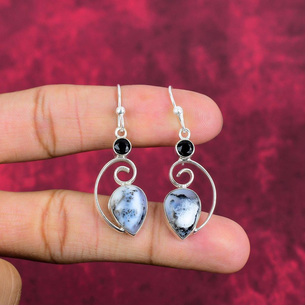 Dendritenopal, Schwarzer Spinell 925 Sterling Silber Edelstein Schmuck, handgefertigte Ohrringe für Thanksgiving