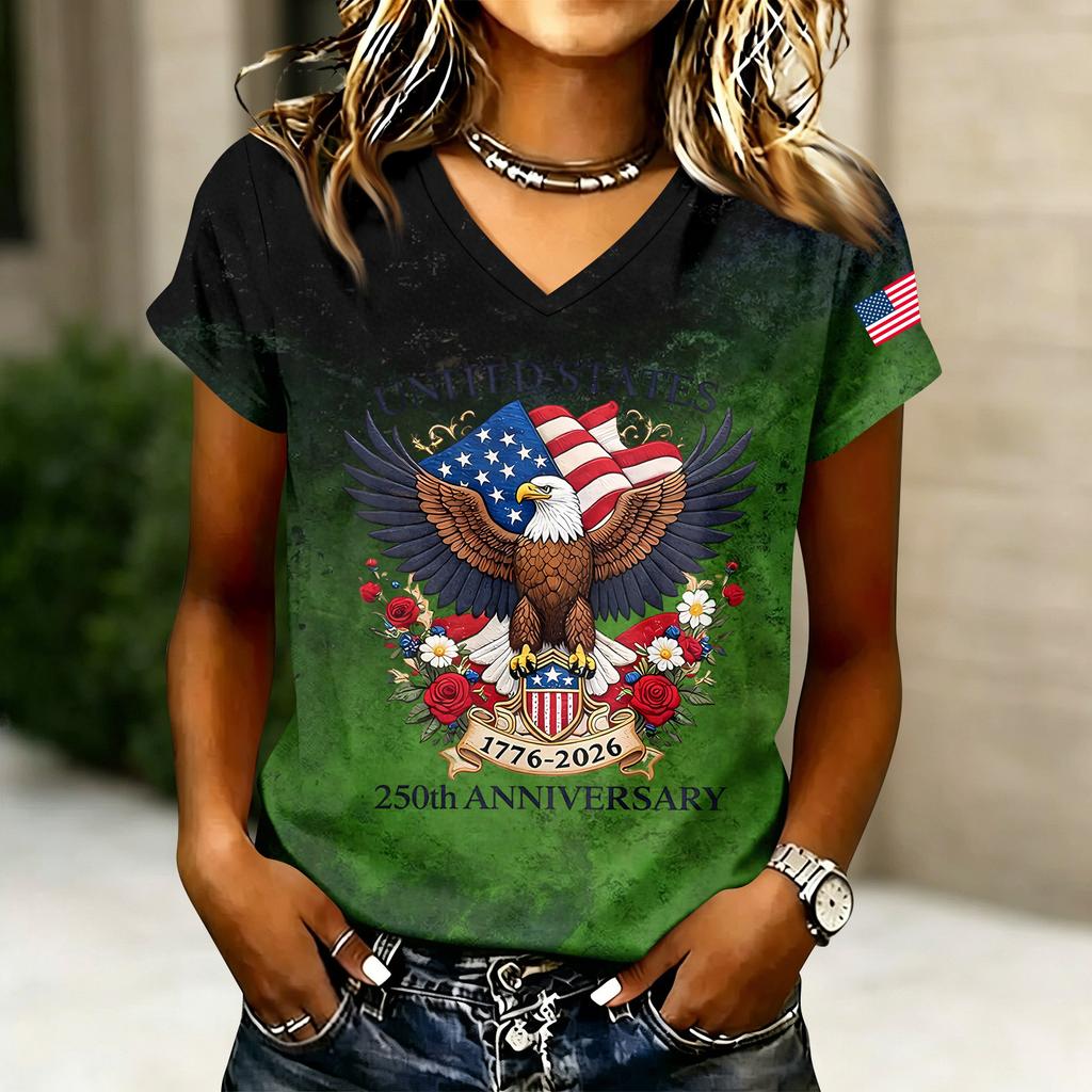 Women's Casual V Neck Short Sleeve T Shirt with Graphic Print United States Anniversary Eagle and Flag Design Lightweight Top