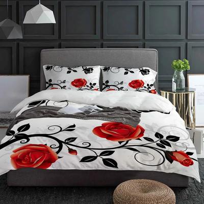 Bettwäscheset mit roter und schwarzer Rose und weißer Blume, 3-teilig, Bettbezug, Kissenbezug, Bettbezug für Kinder und Erwachsene, Doppelbettset, Heimtextilien