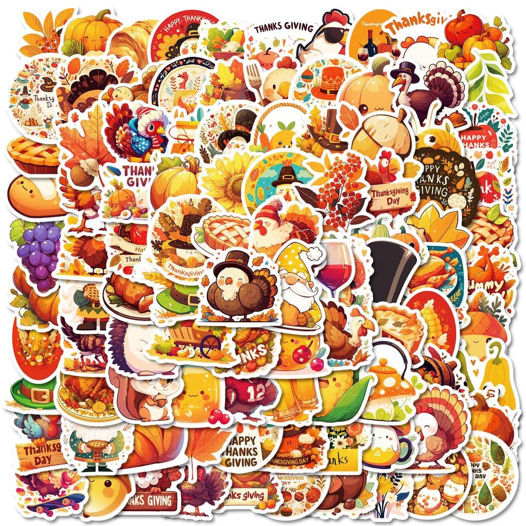 100 Thanksgiving Themed Pp Waterproof Stickers Diy Mobile Phone Case Water Cup Hand Account Refrigerator