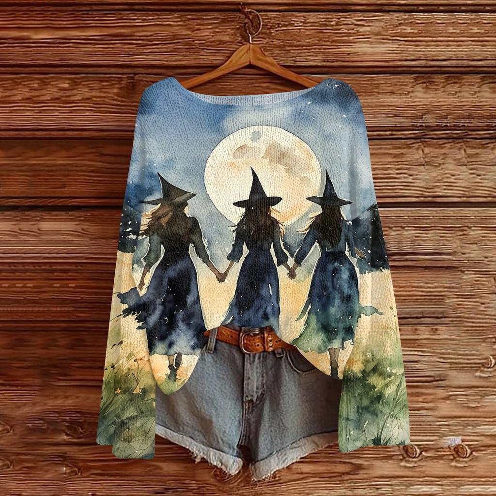Women's Casual Long Sleeve Halloween Print Round Neck Knit Pullover Sweater Top