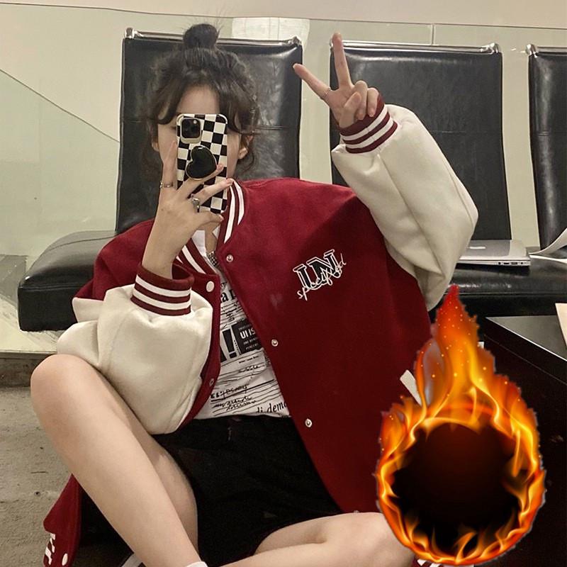 Women's Winter Trendy Korean Velvet Baseball Jacket with Embroidery
