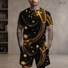 Men s Plus Size Round Neck Short Sleeve Printed Top And Drawstring Shorts With Pockets Two Piece Set Black Blue Green