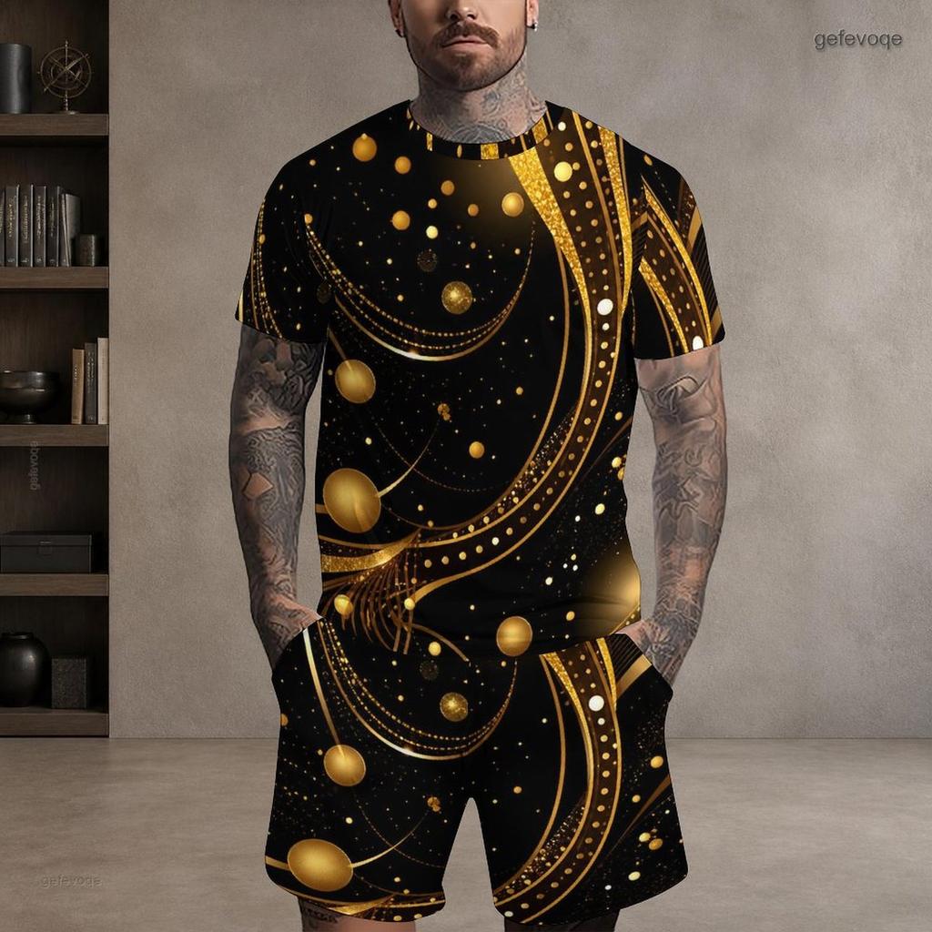 Men s Plus Size Round Neck Short Sleeve Printed Top And Drawstring Shorts With Pockets Two Piece Set Black Blue Green