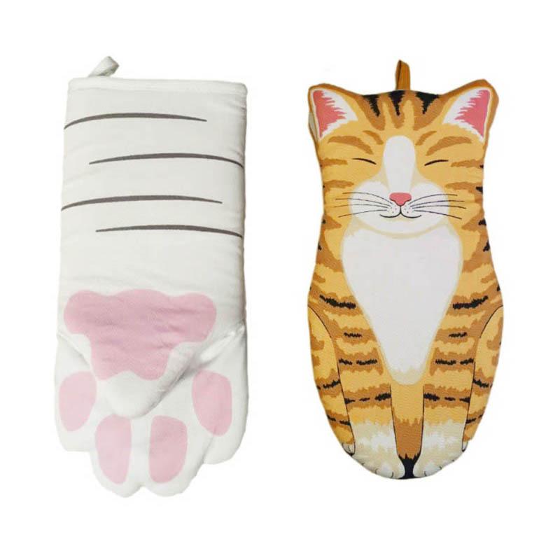 1pc Cute Cat Paws Oven Mitts Heat Resistant Non-slip Long Gloves Cotton Baking Insulation Microwave Gloves Cat Paw Gloves