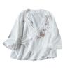 Summer cotton and linen embroidered diagonal placket fan-shaped lace-up medium-sleeved top women's retro zen shirt tea clothes