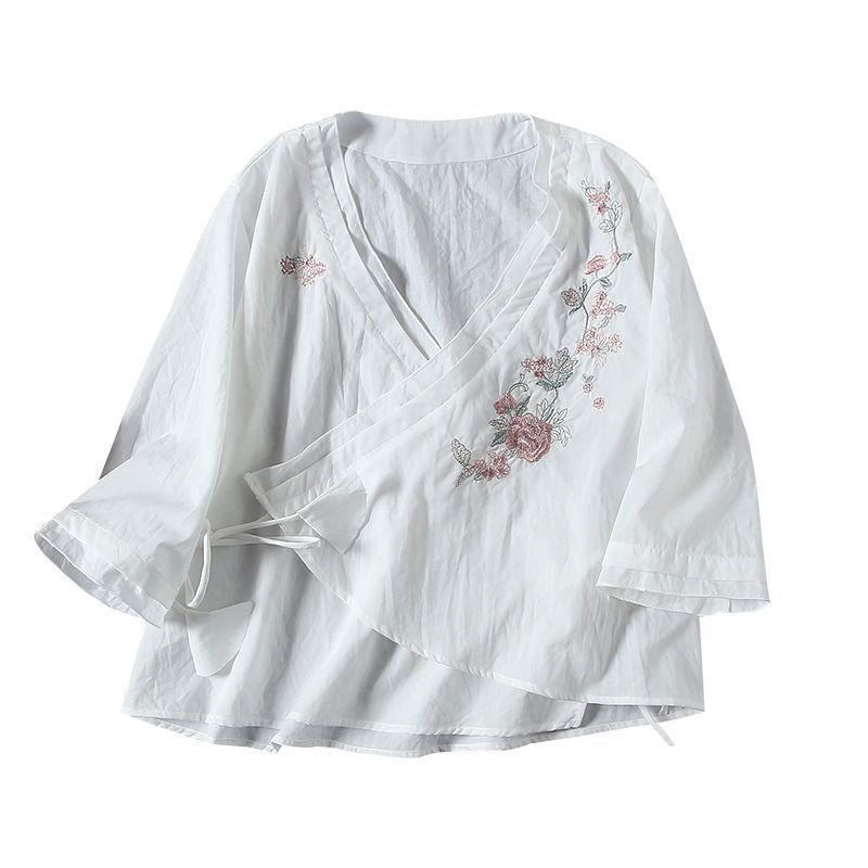Summer cotton and linen embroidered diagonal placket fan-shaped lace-up medium-sleeved top women's retro zen shirt tea clothes
