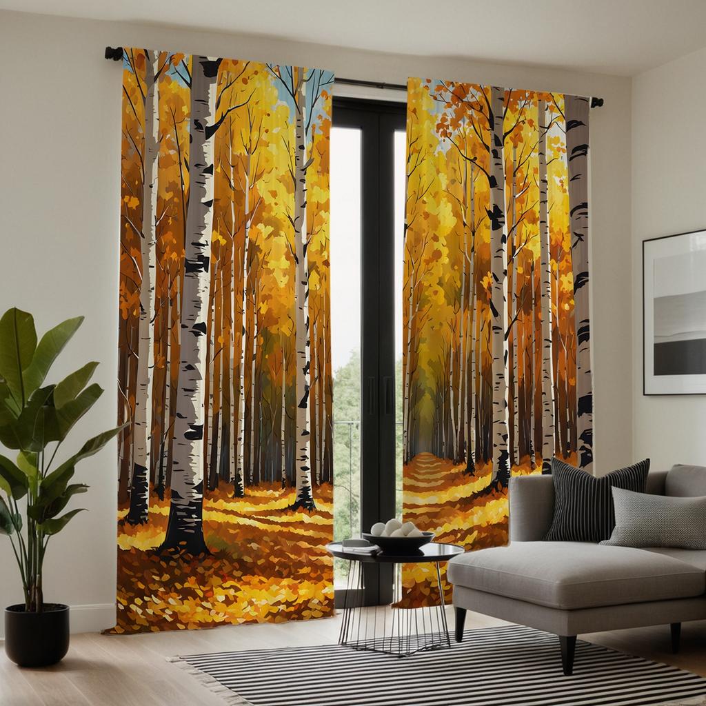 2 pieces of HD autumn birch forest leaves decorative curtain Yellow digital printed curtain home decoration style decoration liv