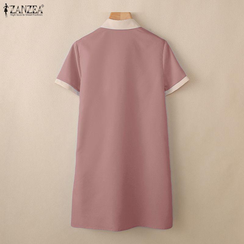 ZANZEA Women Splice Turn Down Collar Casual Short Sleeve Shirt Dress
