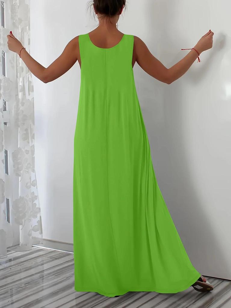 Plus Size Summer Solid Color Dress with Side Pockets (European and American Style)