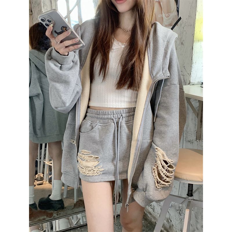 

Kumikumi Idle Style Gray Hood Ripped Hoodie Outerwear Women Autumn Slimming Skirt Two piece skirt Flower gray overskirt XL