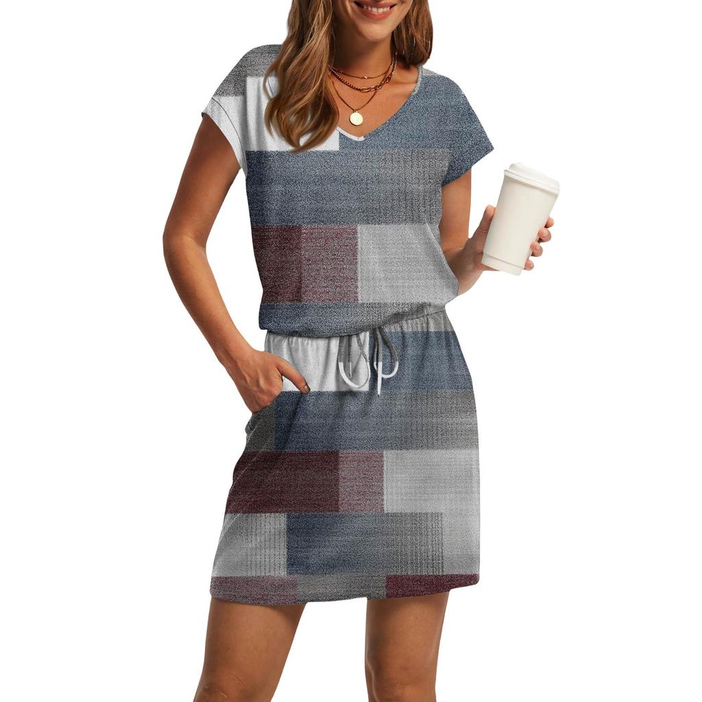 Damenmode V-Ausschnitt Kurzarm Kordelzug mit Tasche Bedruckte Freizeitkleider