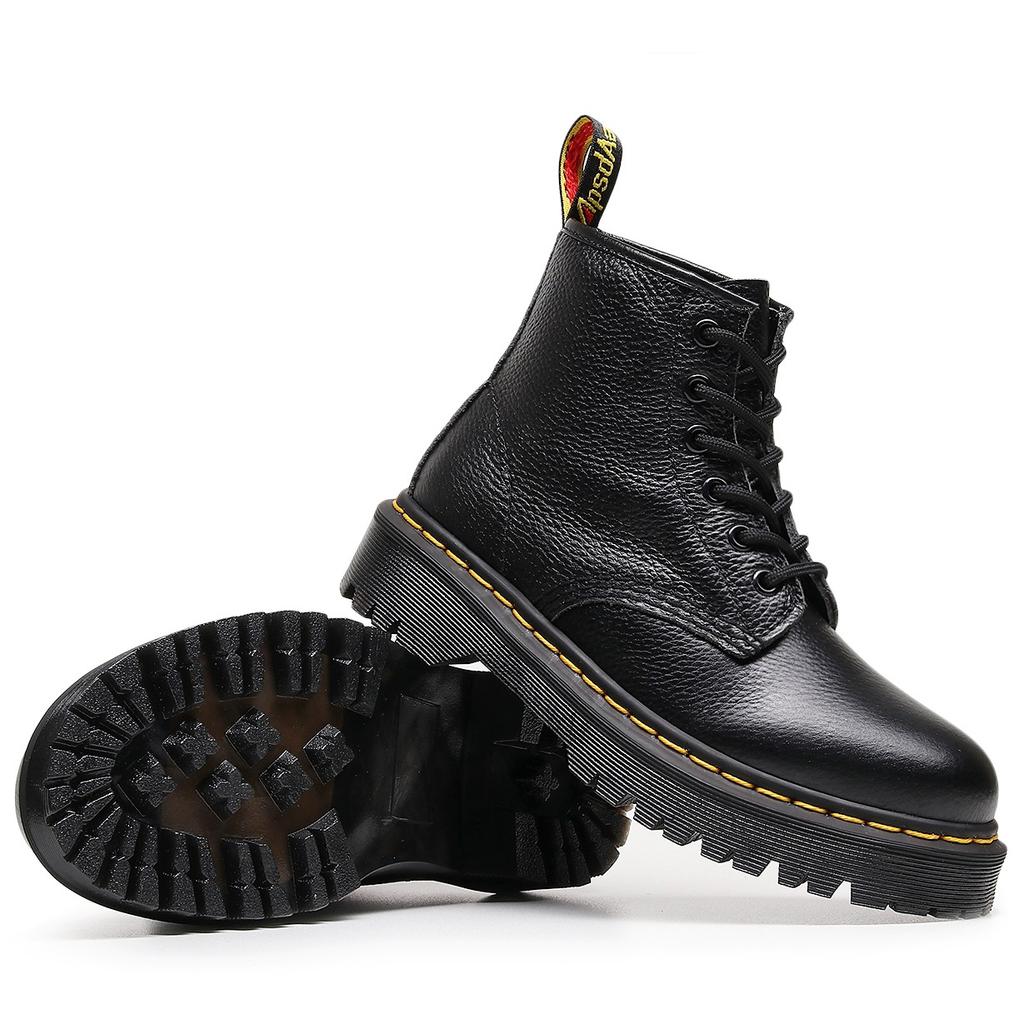 Lychee Pattern 101 Cargo Boots Women's 6-hole Top Layer Soft Cowhide Couple Boots Medium Platform Leather Motorcycle Boots Round Toe