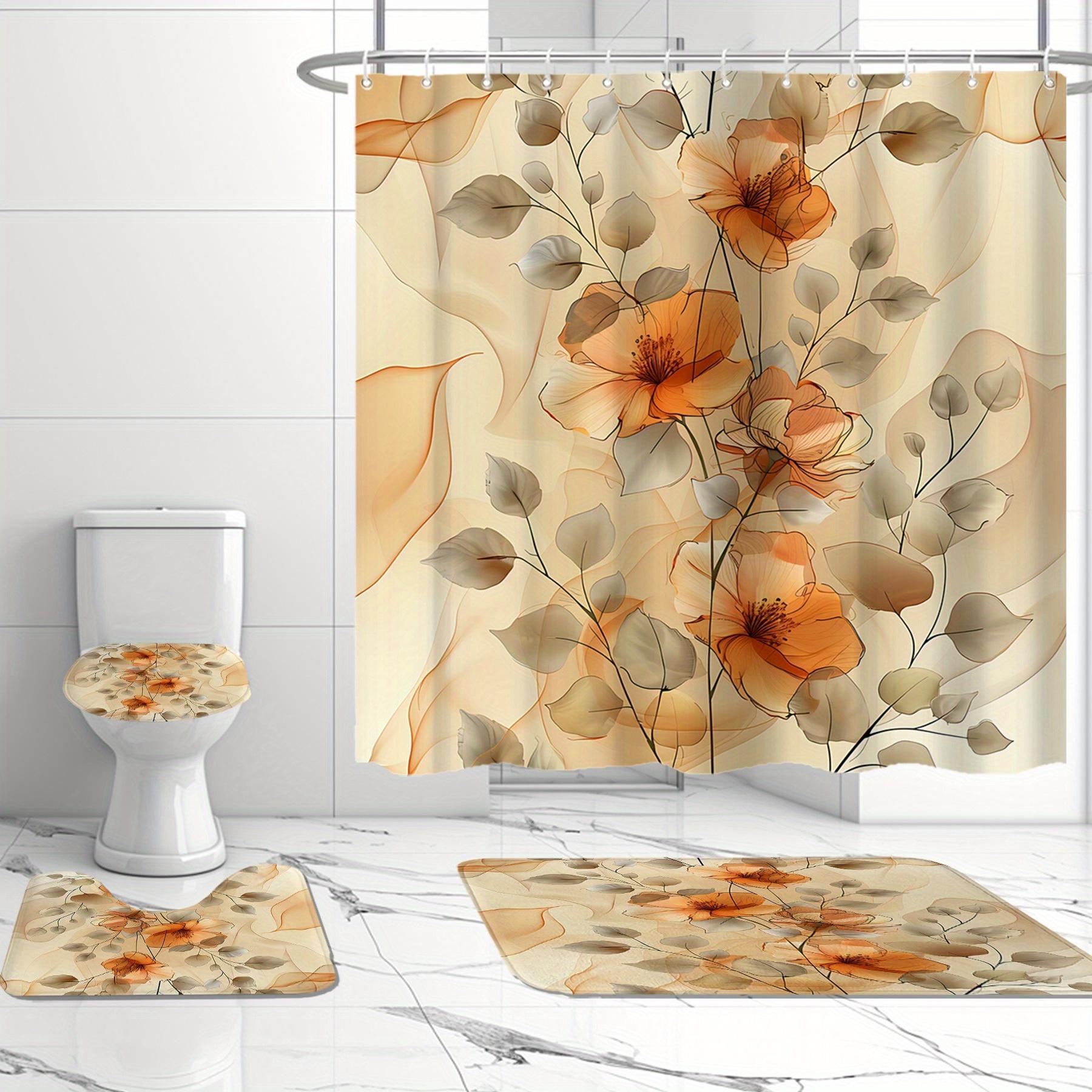 

Orange Floral Shower Curtain Set With 12 Hooks, Water-Resistant Polyester Bathroom Decor With Non-Slip Bath Mat, Toilet Lid Cove W60H190(CM)-1 Pcs