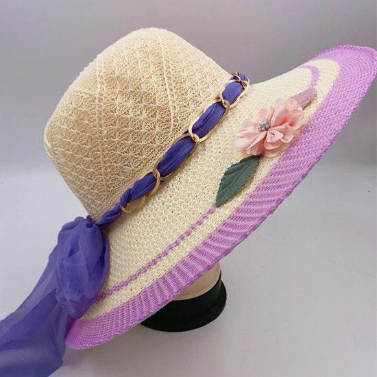 Summer Women's Hats for Tourism UV Protection, Sun Shading Printed Chains Large Brims Women's Knitted Hats