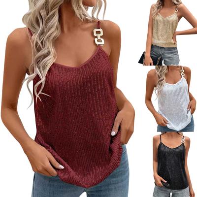 Women's Fashion Sequined Metal Suspender Design Discreet Vest Sexy Bottoming Shirt Top
