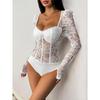 Women's Lace Sheer Long Sleeve Corset Bodysuit Sweetheart Neck Going Out Tops Party Club Leotard