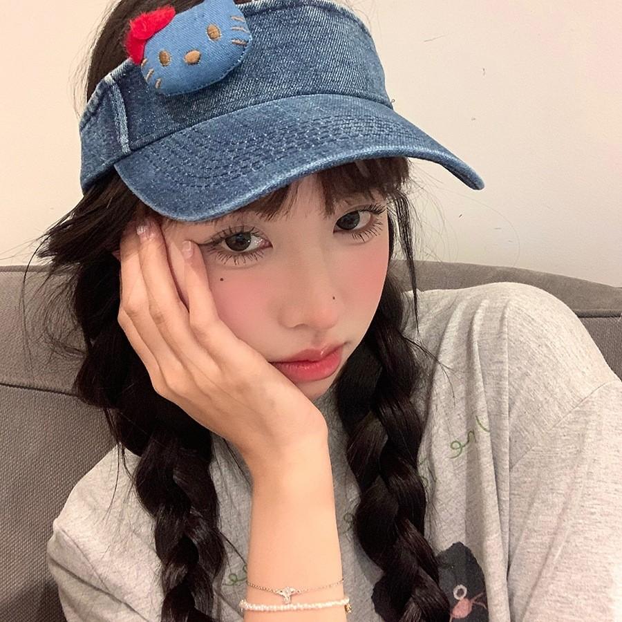 Stylish Adjustable Sun Hat With Cute Cartoon Cat Print Breathable Cap Denim
