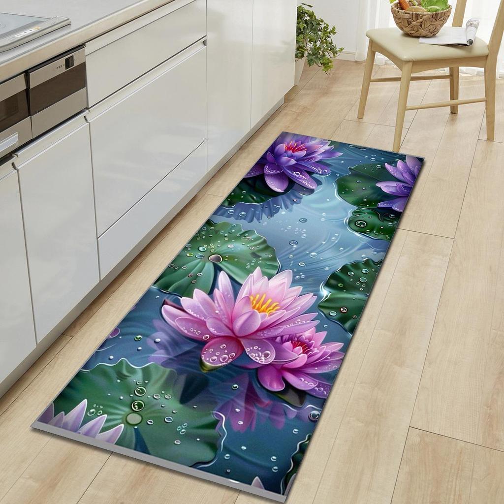 1Pcs Lotus Pattern Floor Mat Modern Kitchen Polyester Rug Non-Slip Colorful Indoor Carpet, For Home Bathroom Bedroom Living Room Decor