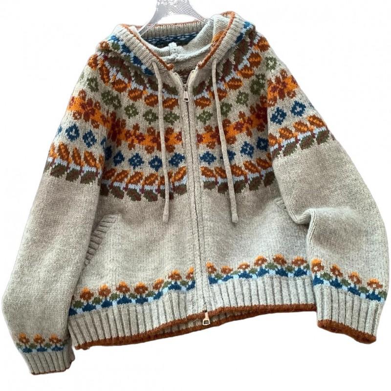 Womens Oversized Cropped Hooded Knit Cardigan With Fair Isle Soft Warm Sweater Coat Fall Winter Casual