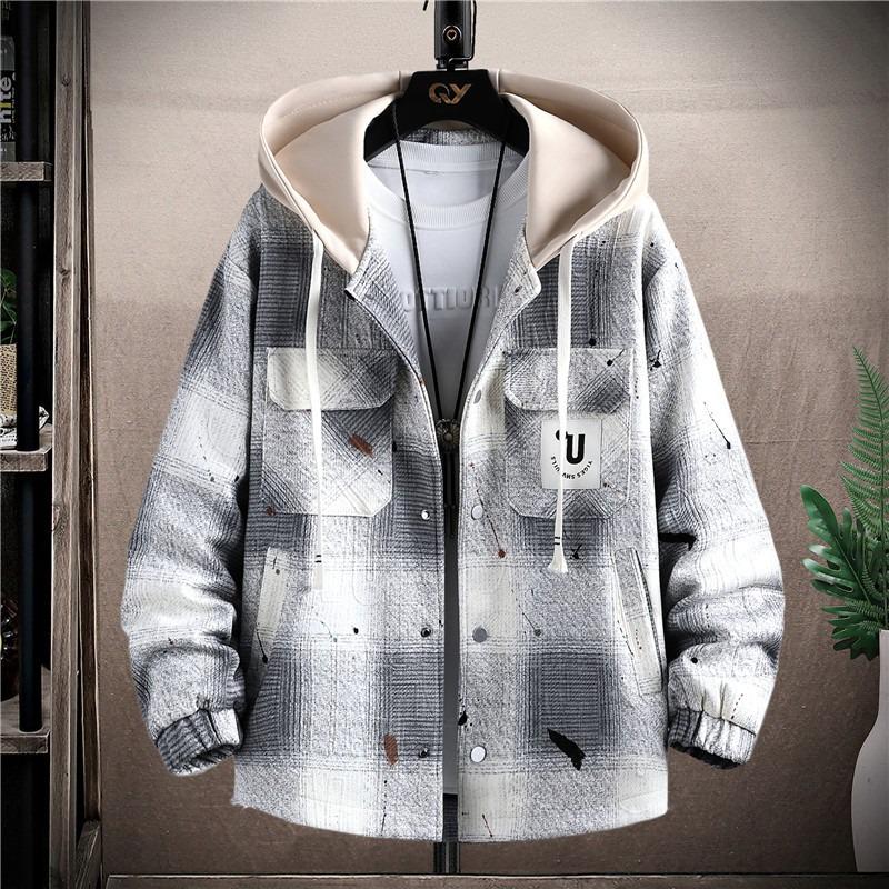 Men's Hooded Plaid Jacket - Spring/Fall/Winter Cotton Outerwear for Teens and Students